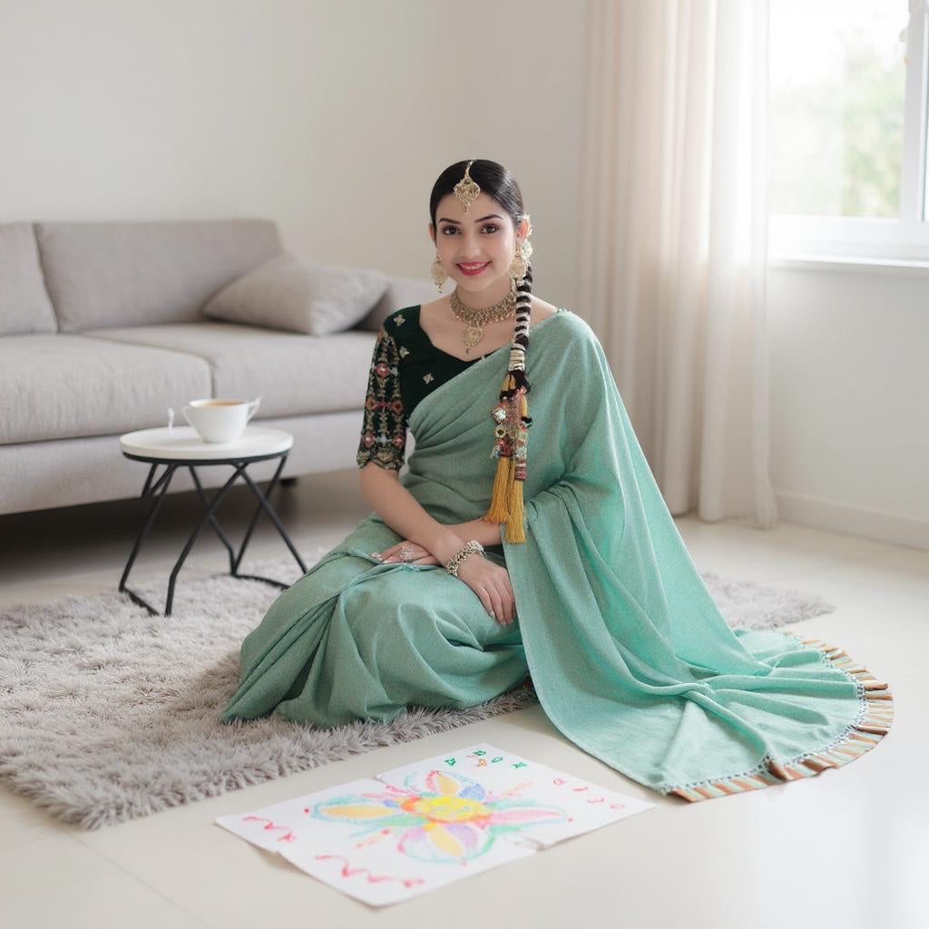 Pista Green Georgette Saree with embroidered blouse