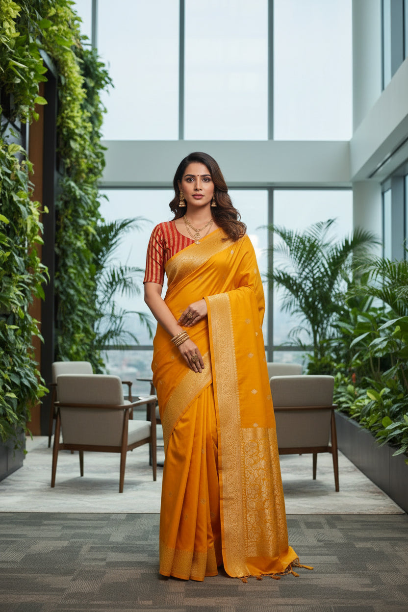 Mustard Banarsi Katan Buti Saree