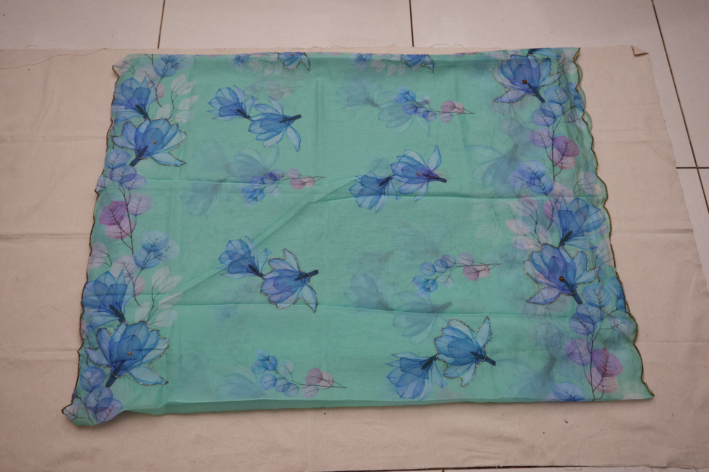 Green embroidered print organza Saree
