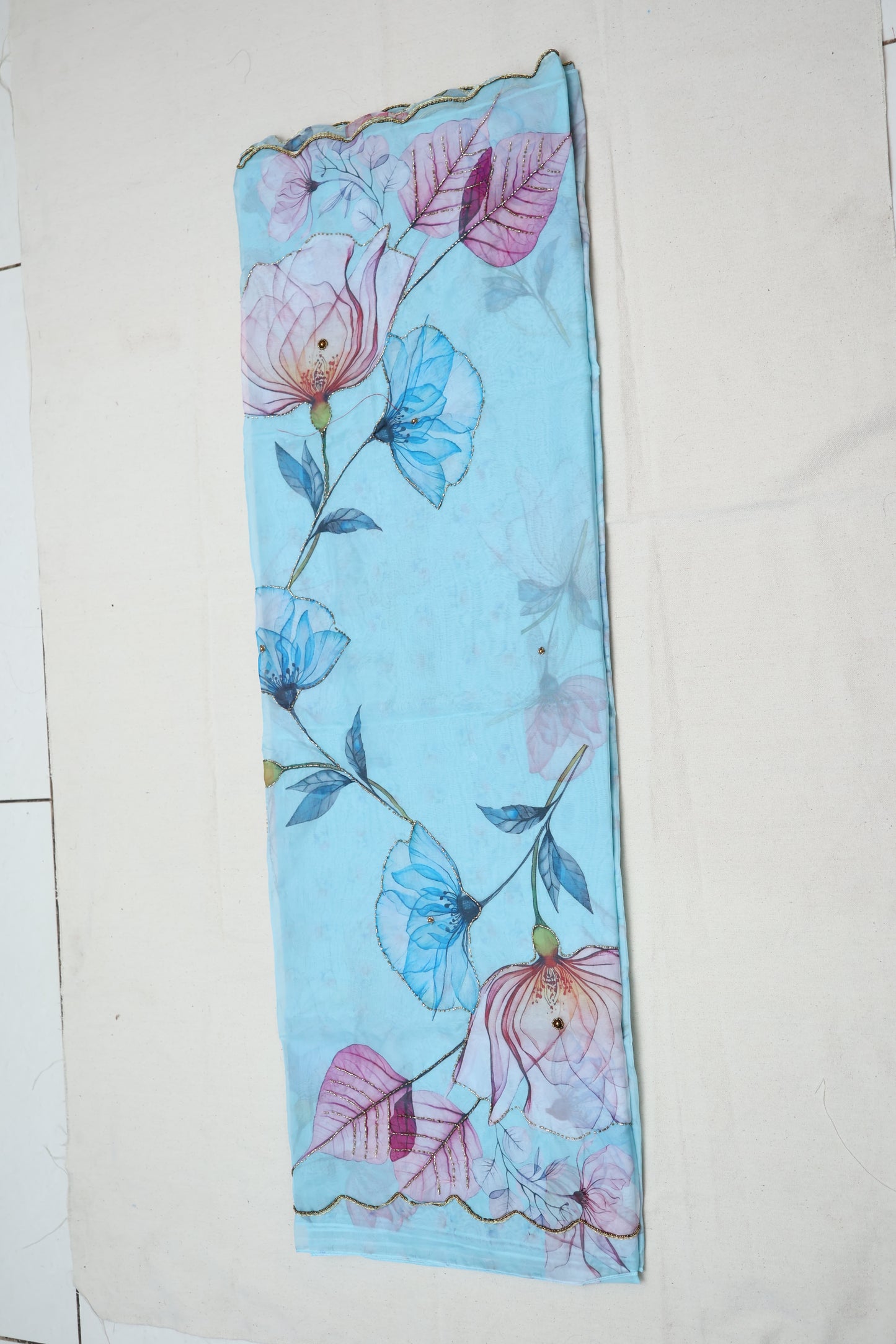 Blue embroidered print organza Saree