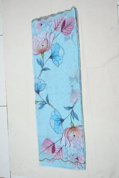Blue embroidered print organza Saree