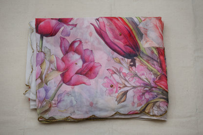 Pink embroidered print organza Saree