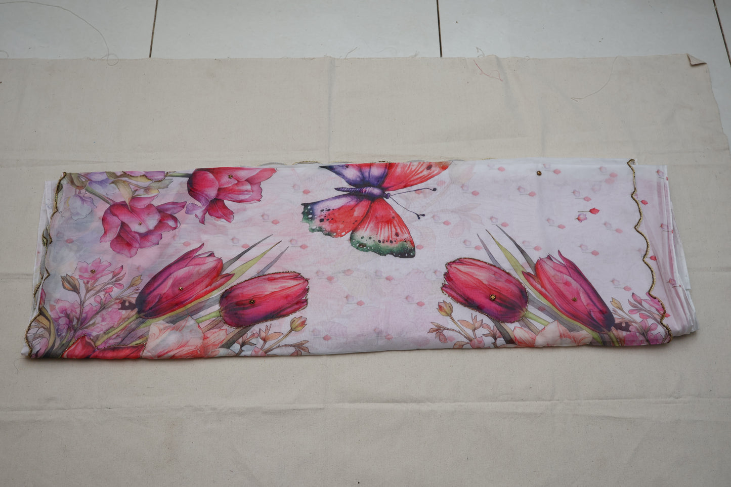 Pink embroidered print organza Saree