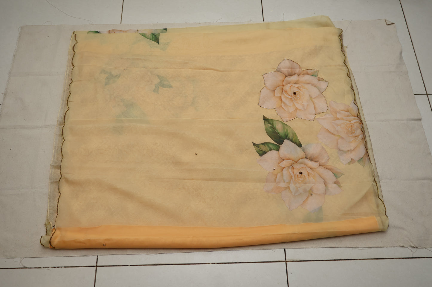 Peach embroidered print organza Saree