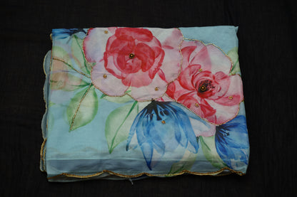 Light blue embroidered print organza Saree