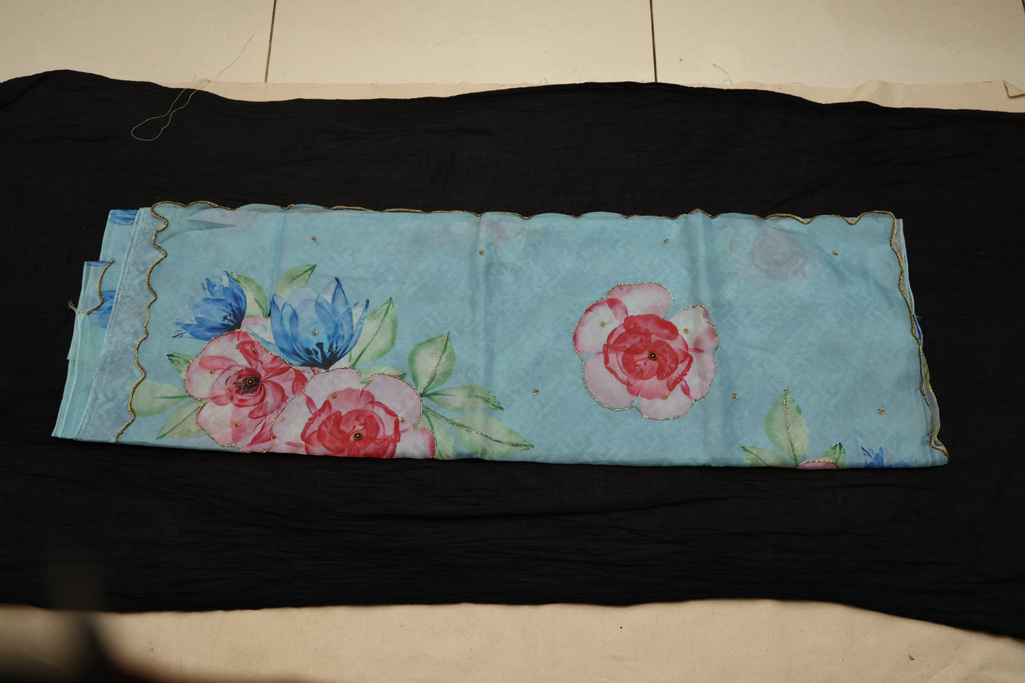 Light blue embroidered print organza Saree