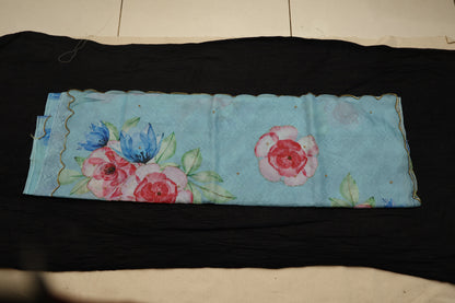 Light blue embroidered print organza Saree
