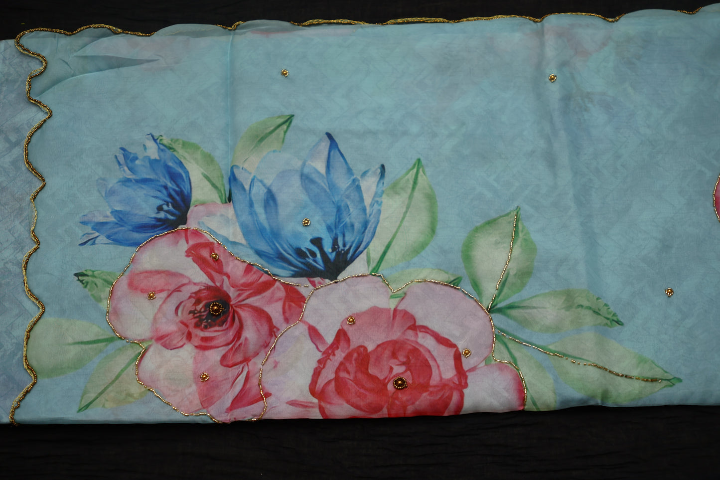 Light blue embroidered print organza Saree