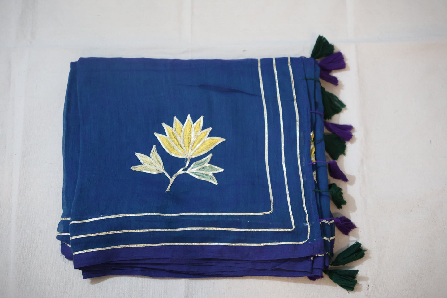 Blue Mul cotton Zardozi Saree