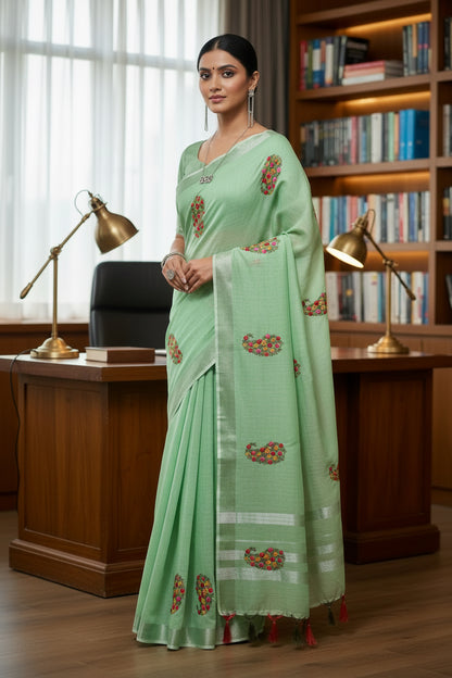 Green Linen embroidered Saree