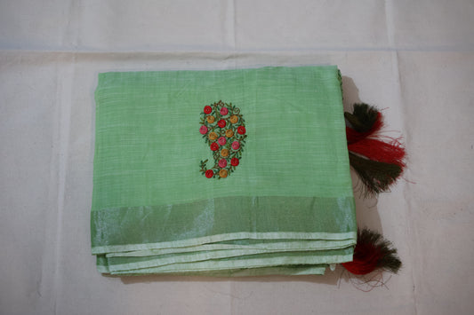 Green Linen leaf embroidered Saree