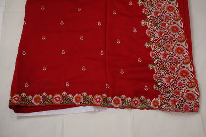 Red Vichitra Silk flower Cutwork Embroidered border Saree
