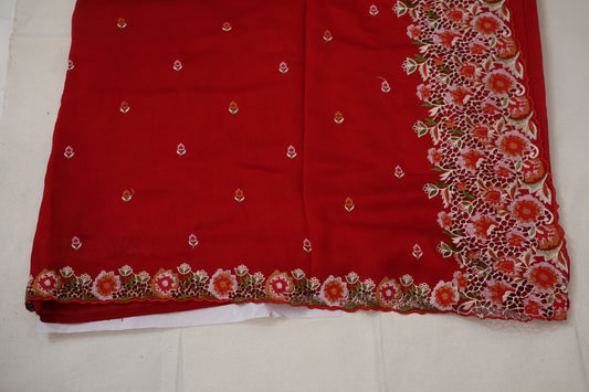 Red Vichitra Silk flower Cutwork Embroidered border Saree