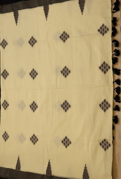 Cream and Black Cotton saree