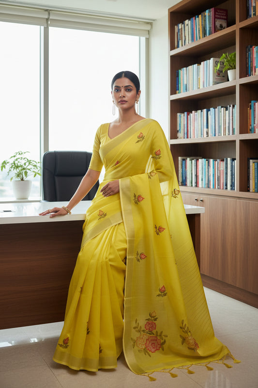 Yellow Linen  Saree