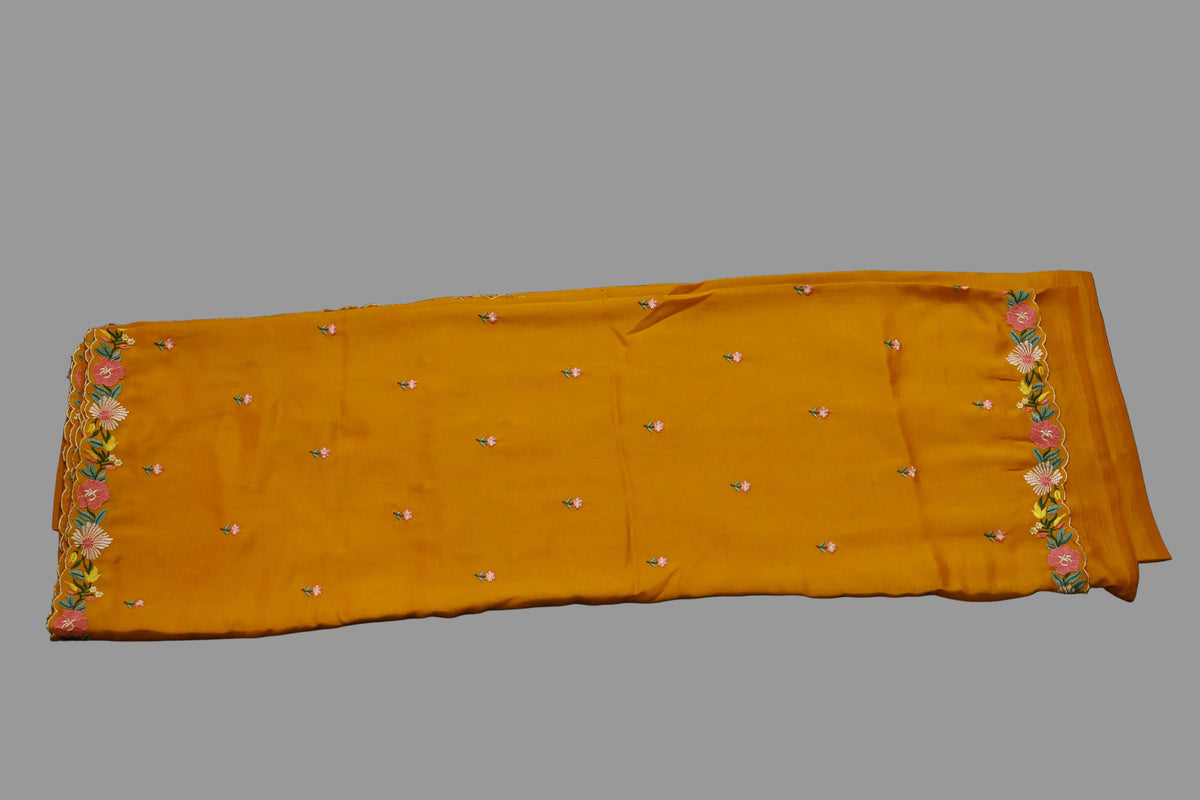 Mustard Vichitra Silk Scalloped border and  Embroidered Saree