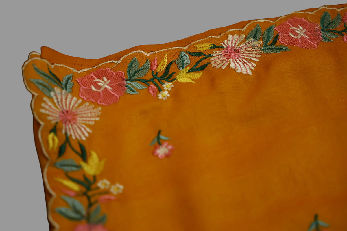 Mustard Vichitra Silk Scalloped border and  Embroidered Saree