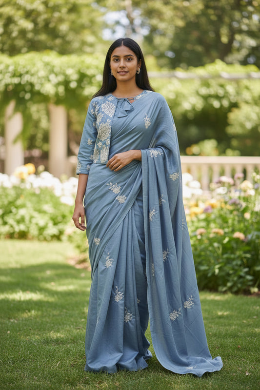 Dusty Blue Saree with Stiched jacket blouse