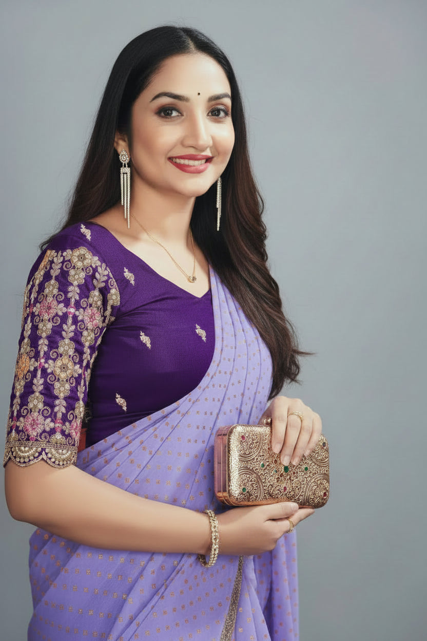 Lavender Georgette Saree with embroidered blouse