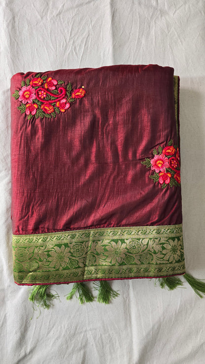 Maroon silk saree with contrast readymade embroidered blouse