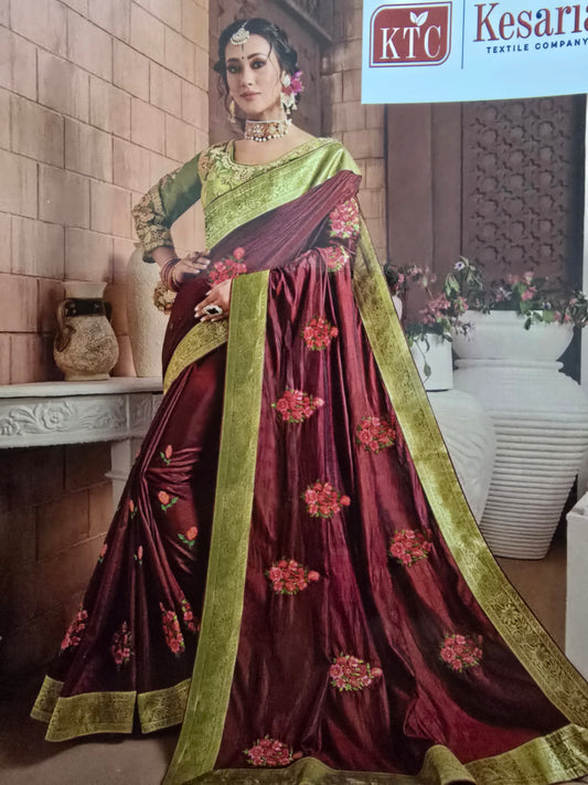 Maroon silk saree with contrast readymade embroidered blouse