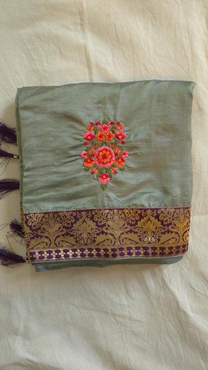 Pastel Olive Green Embroidered Saree