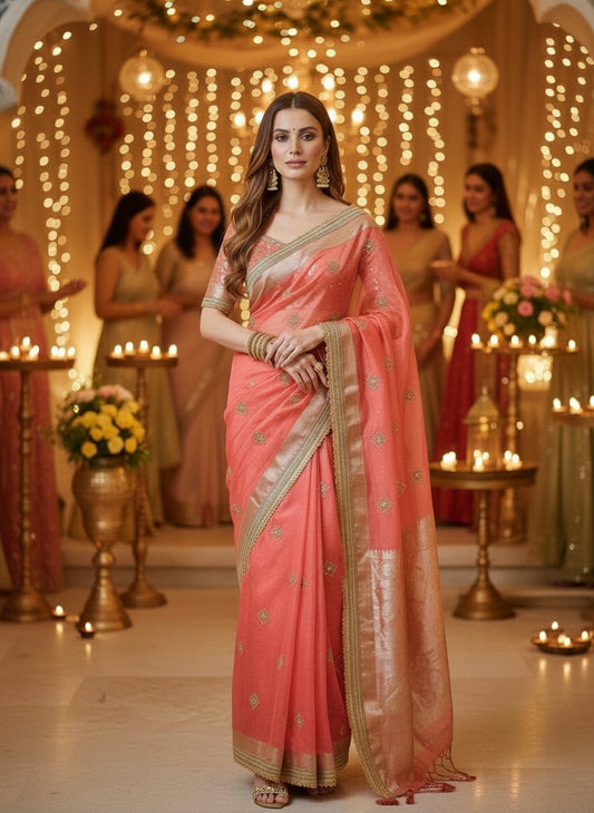 Rose Pink Banarsi Tissue Saree