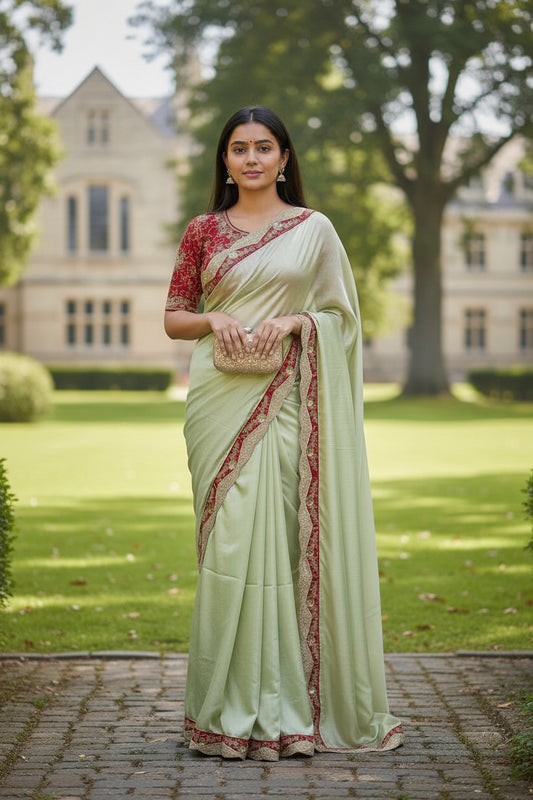 Pista green saree with red blouse