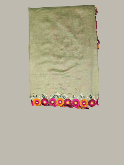 Pista Green Vichitra Silk flower embroidered border Saree