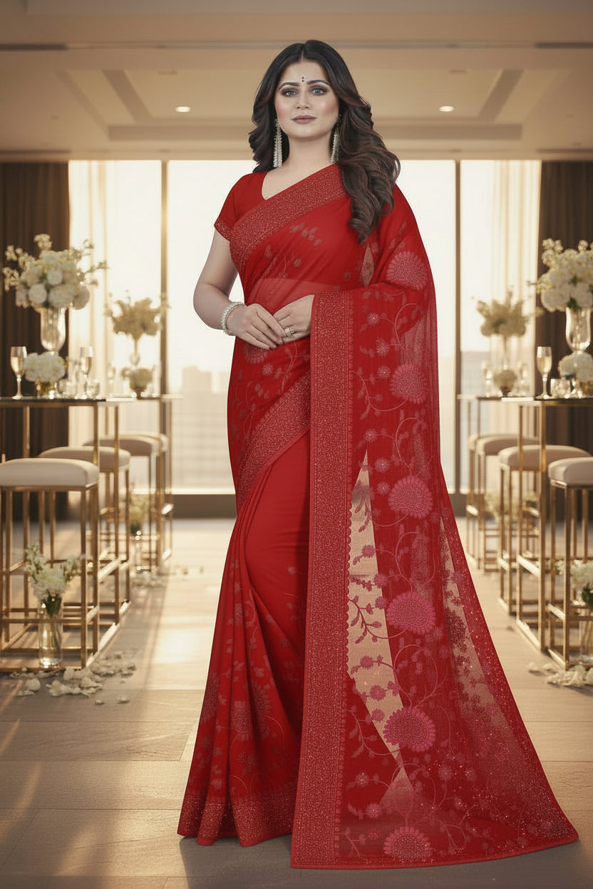 Red  georgette Embroidered jarkan work  Saree