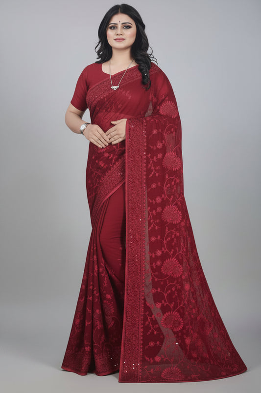 Red  georgette Embroidered jarkan work  Saree