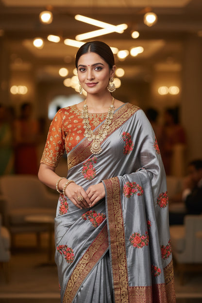 Metallic silver silk saree with contrast readymade embroidered blouse