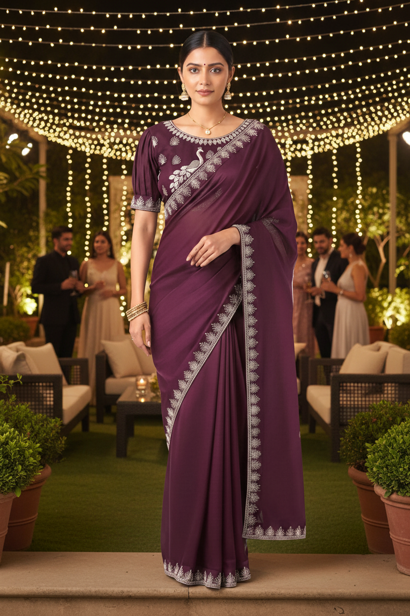 Wine Saree with Puffed sleeved blouse