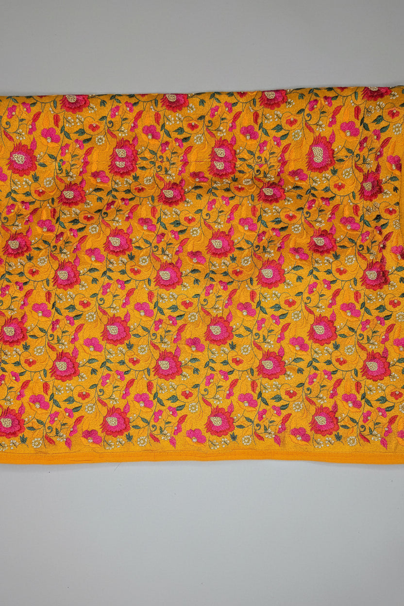 Mustard Vichitra Silk flower embroidered border Saree