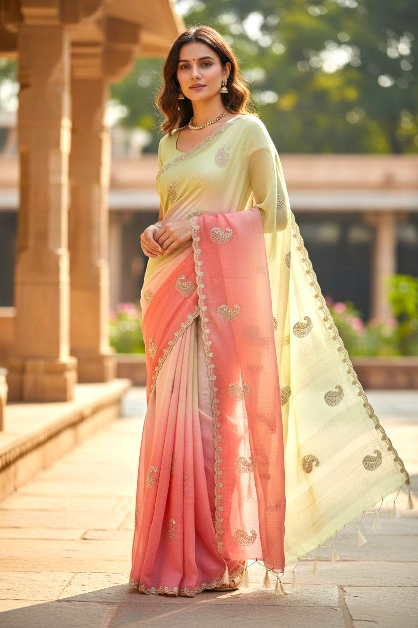 Green and pink saree