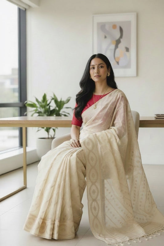 Cream Banarsi Leheriya Saree