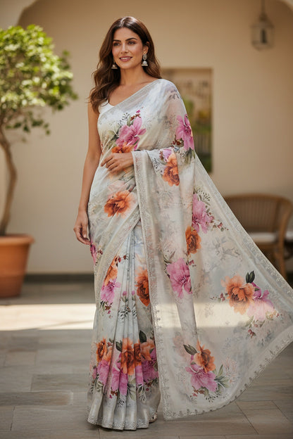 White Chinon digital printed jarkan  Saree
