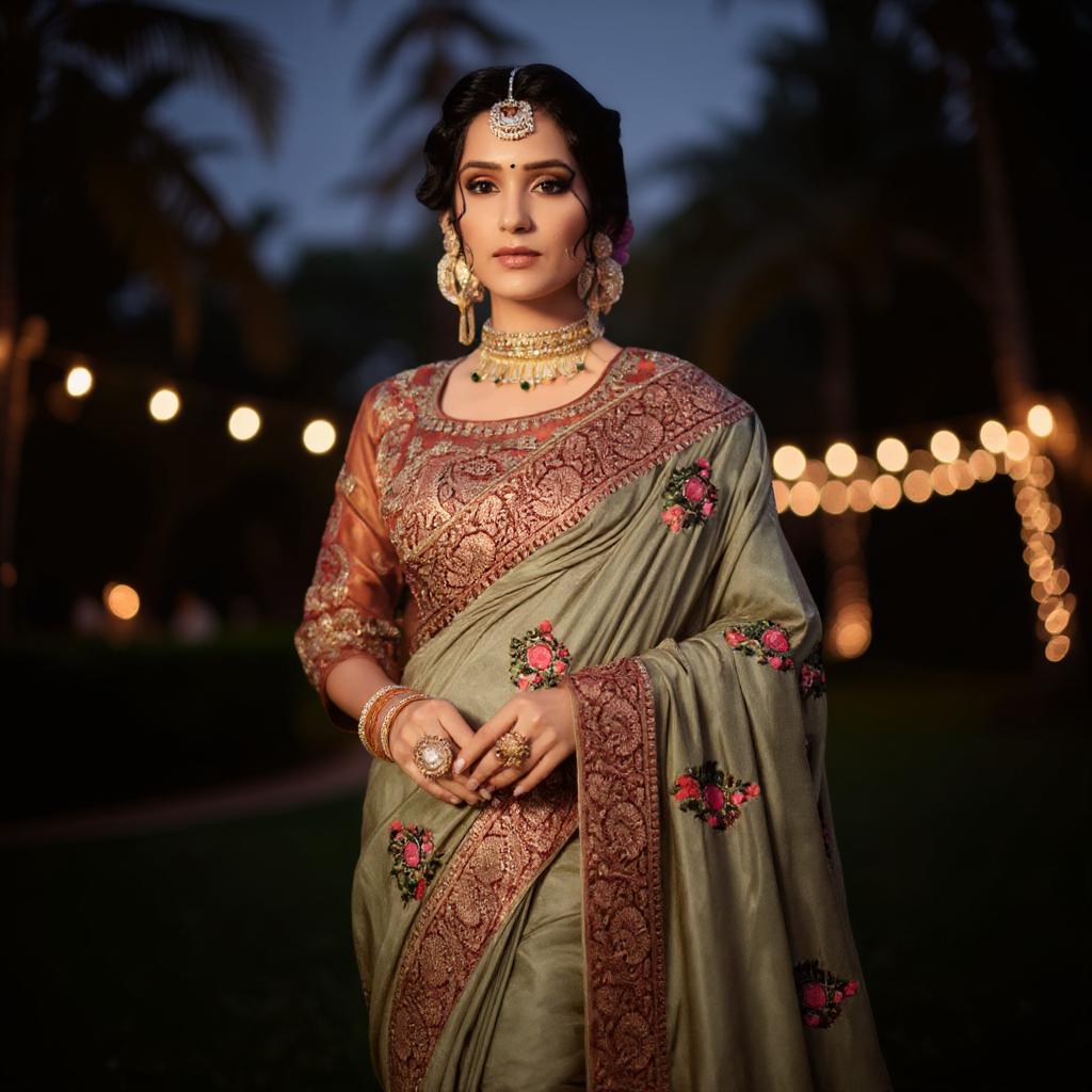 Mehendi Green silk saree with contrast readymade embroidered blouse