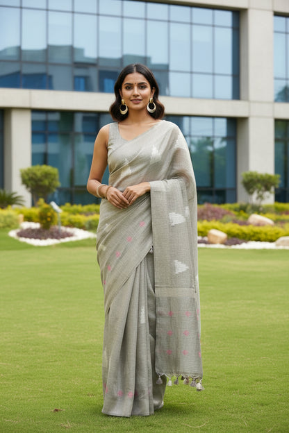 Grey triangle Motif Linen Saree