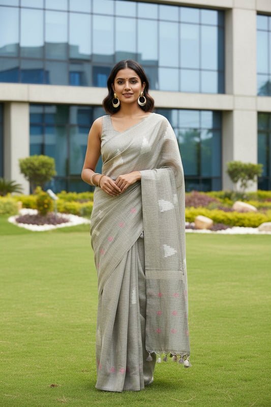 Grey triangle Motif Linen Saree