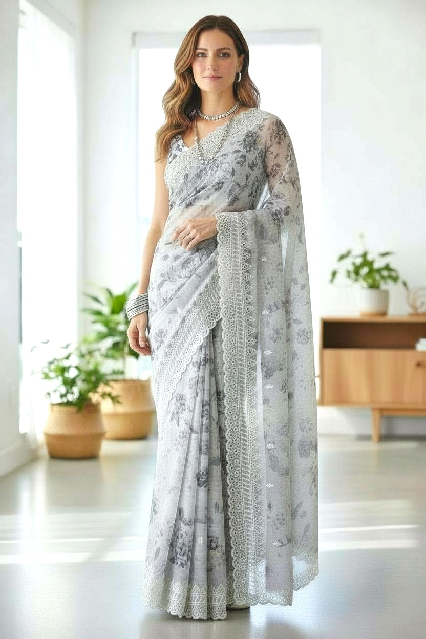 Cream Lace work Saree