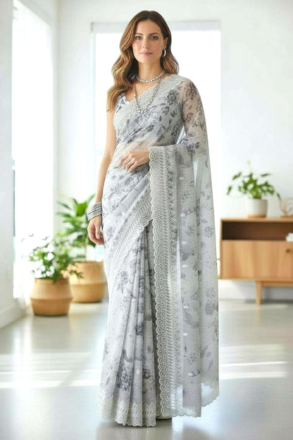 Cream Lace work Saree