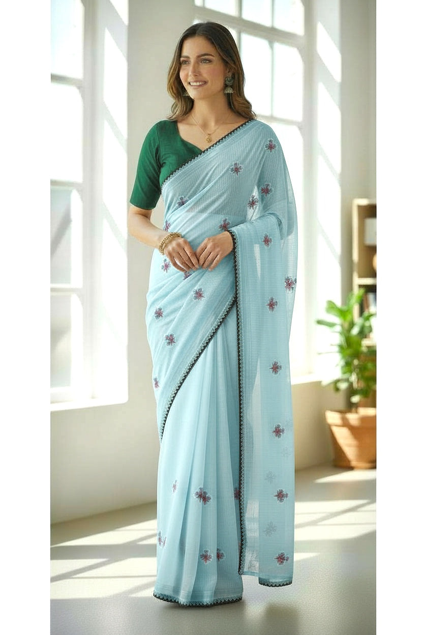Light Blue anchal georgette embroidered Saree