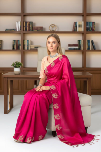 Maroon saree with peach blouse