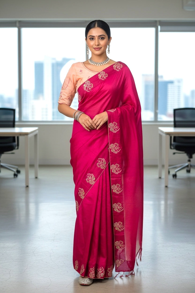 Maroon saree with peach blouse