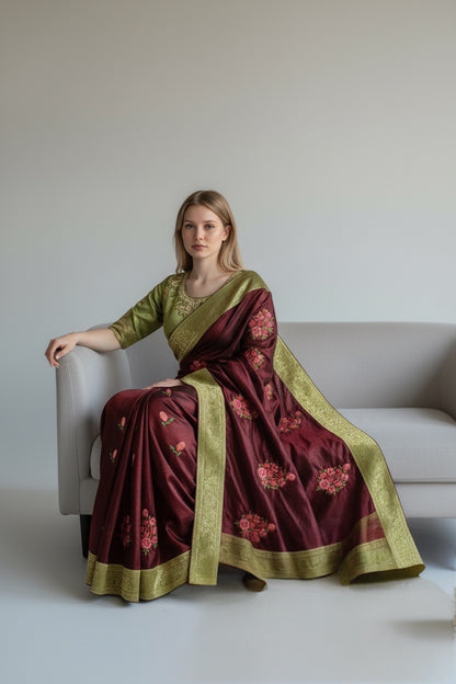 Maroon silk saree with contrast readymade embroidered blouse