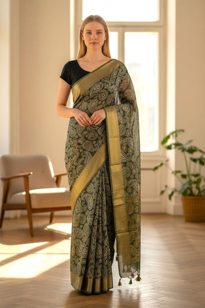 Mehendi Green Semi Tussar Silk Madhubani Print saree