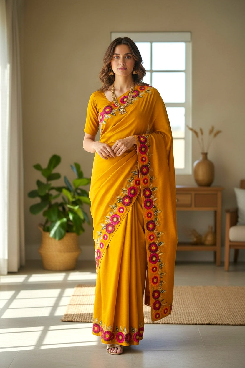 Mustard Vichitra Silk flower embroidered border Saree
