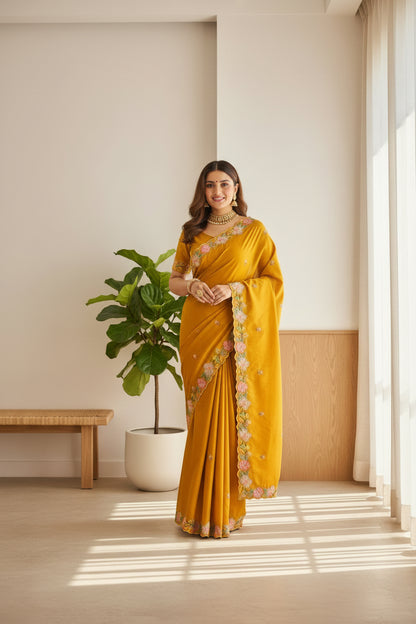 Mustard Vichitra Silk Scalloped border and  Embroidered Saree