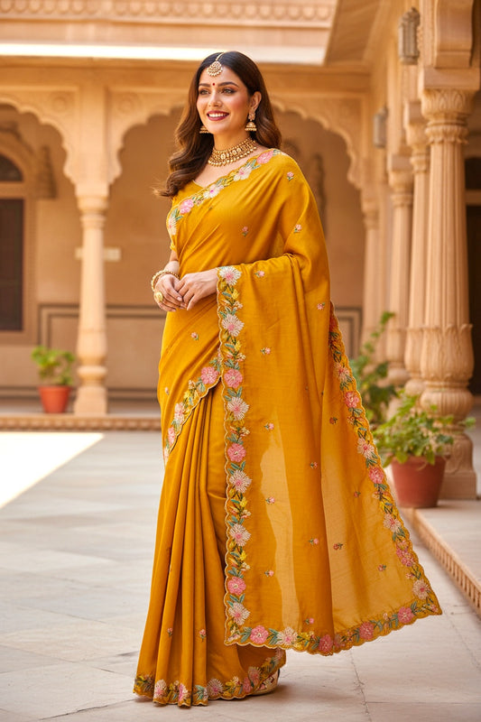 Mustard Vichitra Silk Scalloped border and  Embroidered Saree